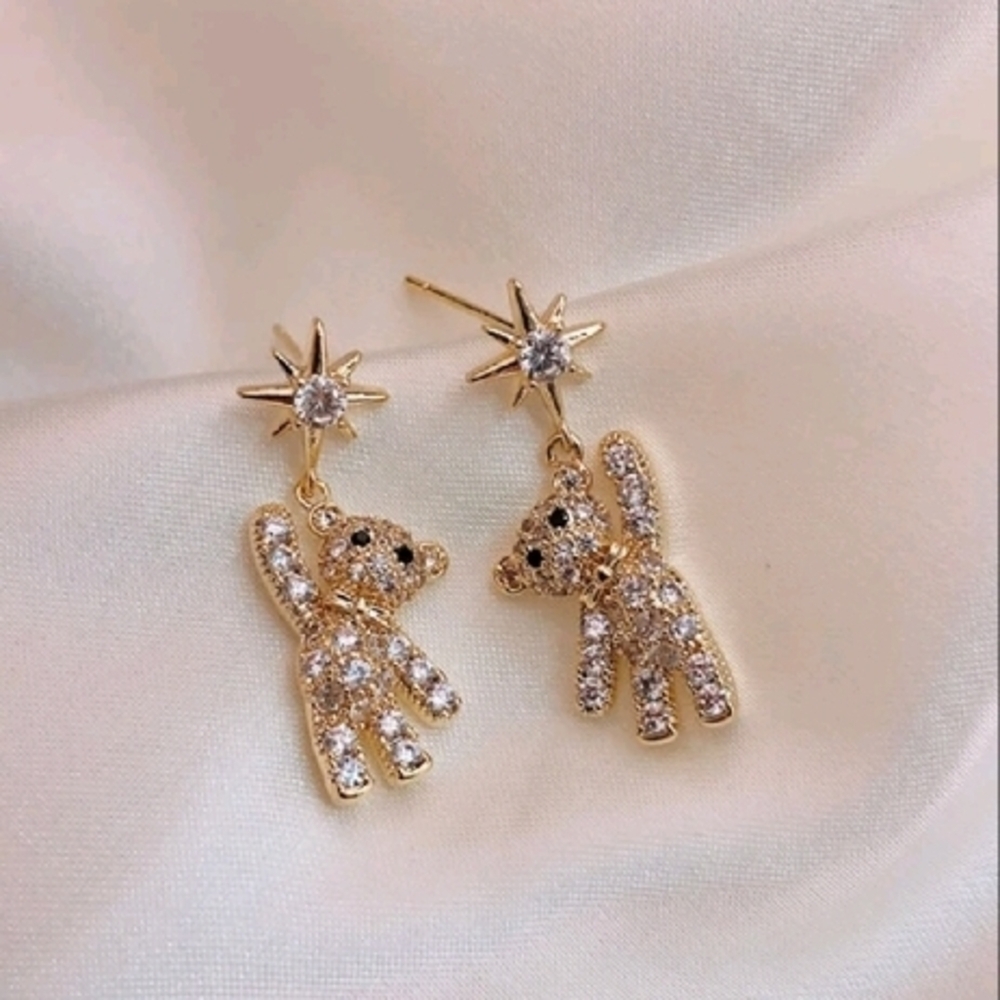 Gold Teddy Bear Rhinestone Earrings